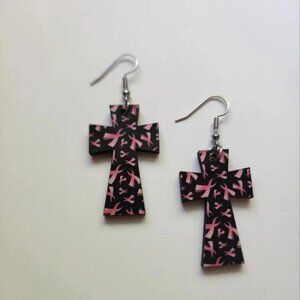 Pink Ribbon Cross Wood Casual Dangle Earrings
